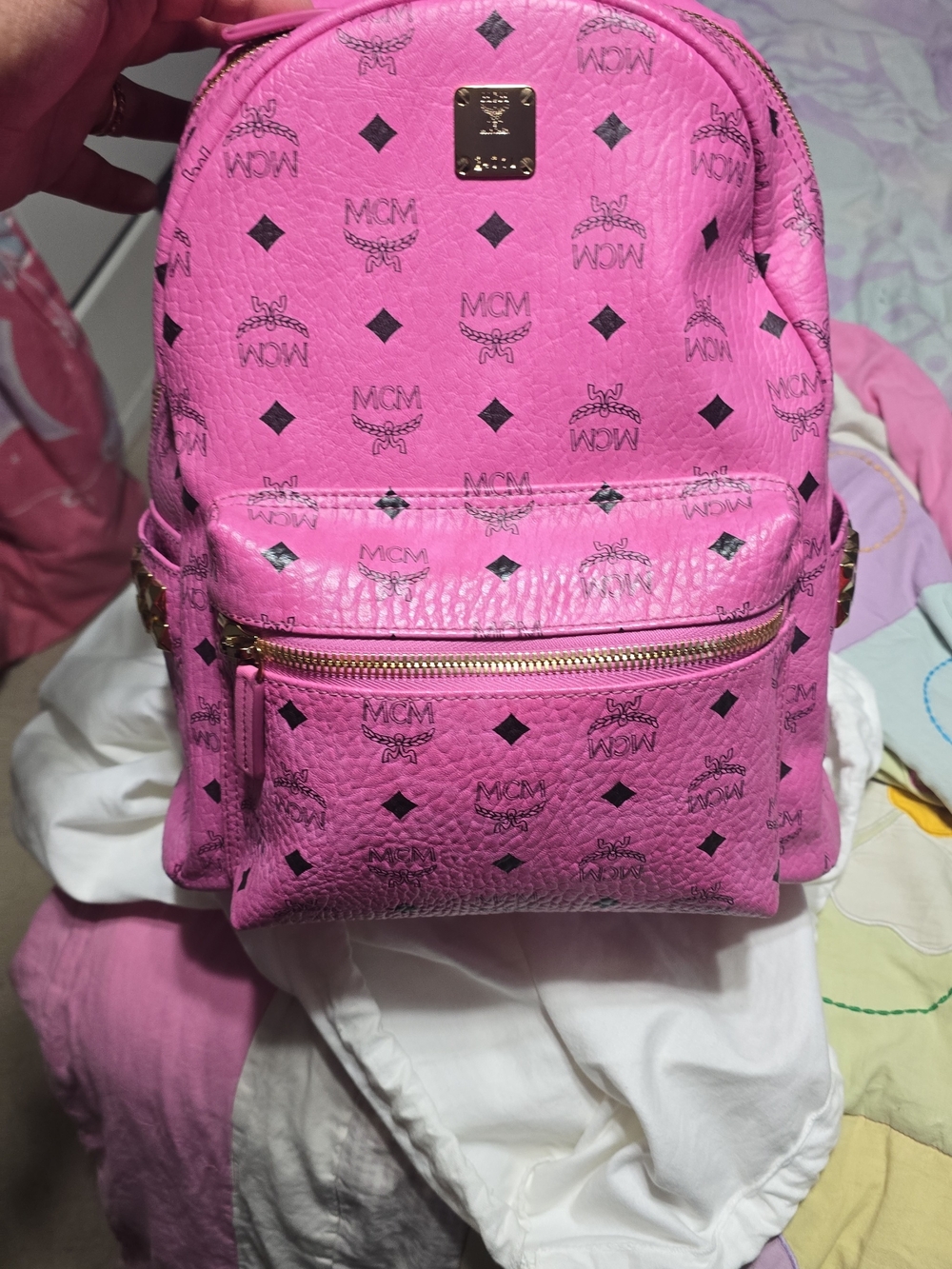 MCM Stark Pink Logo Leather Backpack